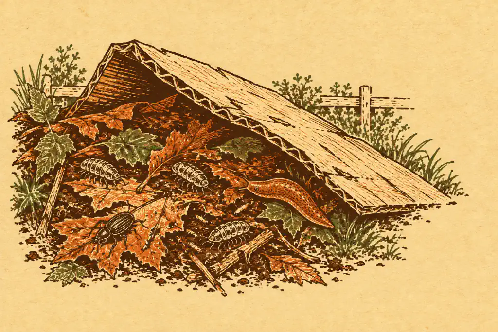 Linocut print of pill bugs, a slug and a beetle among rotting leaves under a lifted sheet of cardboard.