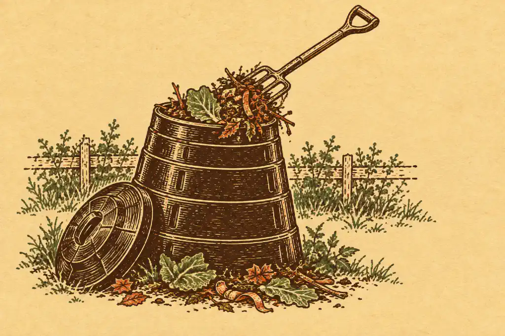 Linocut print of a plastic compost bin with its lid off and a fork lifting barely rotted leaves and peelings.