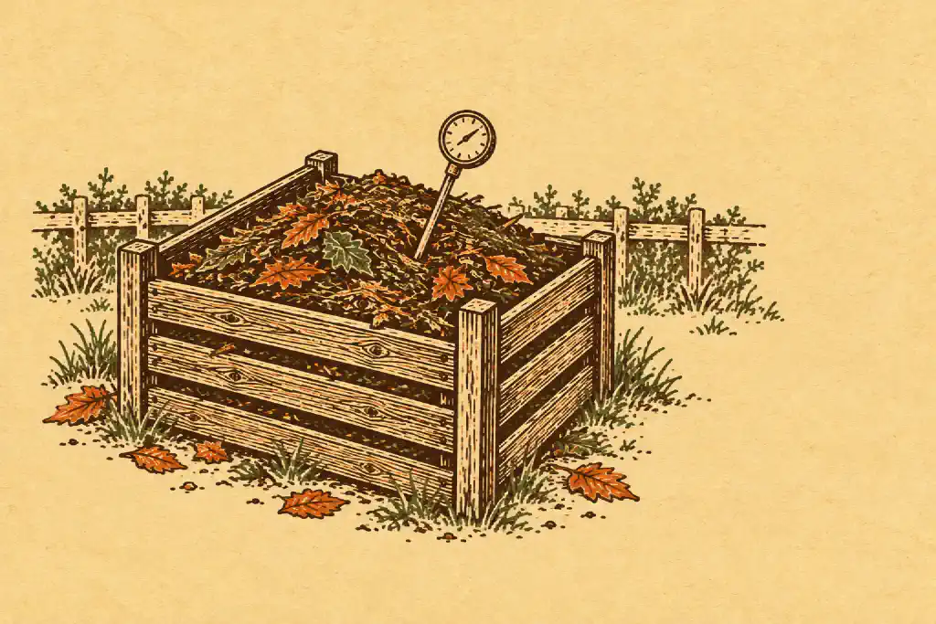 Linocut print of a wooden compost bin with a dial thermometer pushed into the pile.