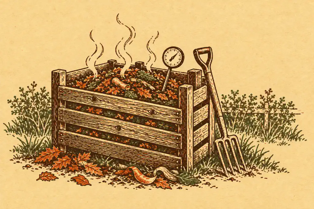Linocut print of a wooden compost bin with steam rising from the pile, a dial thermometer pushed in and a fork leaning against it.