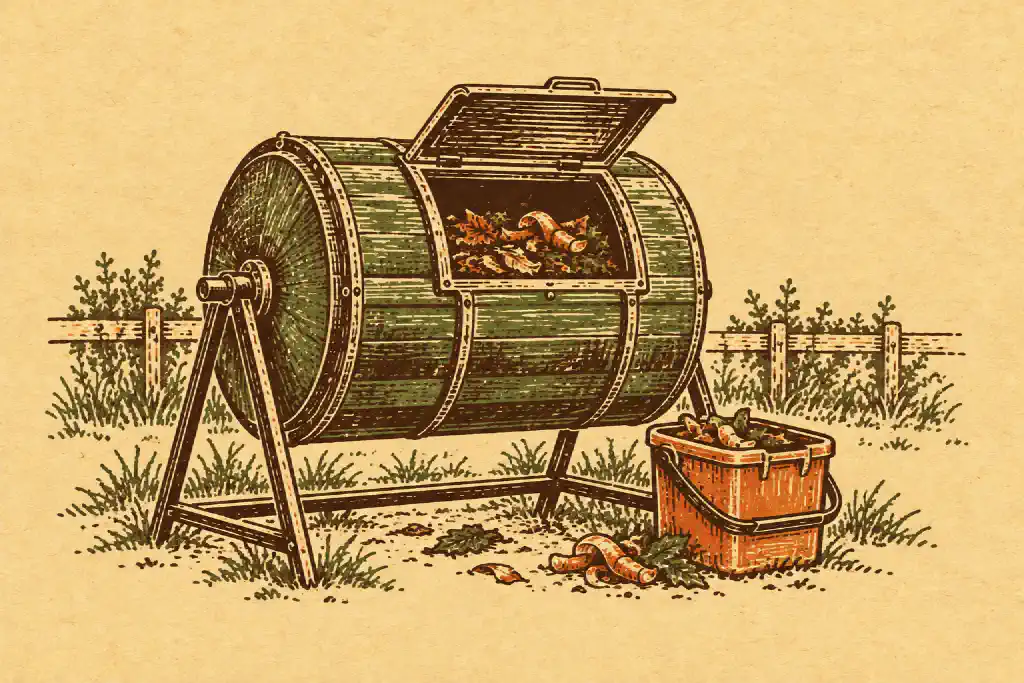 Linocut print of a barrel compost tumbler on a stand, hatch open, with a countertop compost bin beside it.