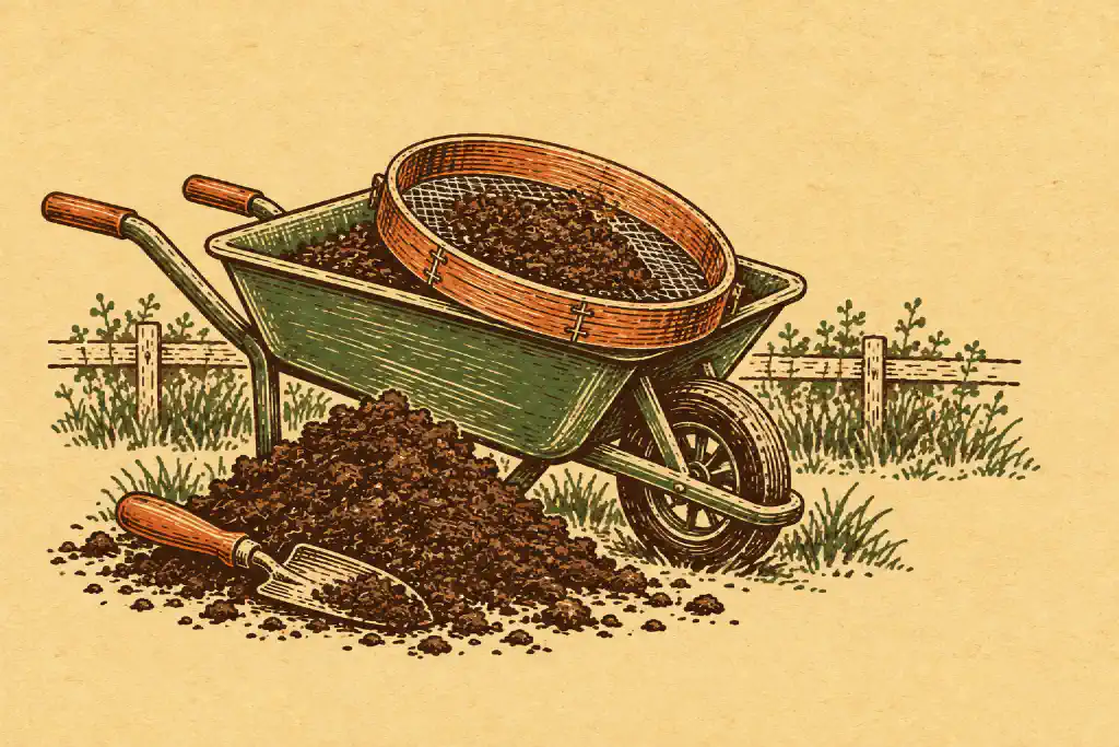 Linocut print of a garden sieve full of dark crumbly compost resting on a wheelbarrow, with a pile and trowel below.