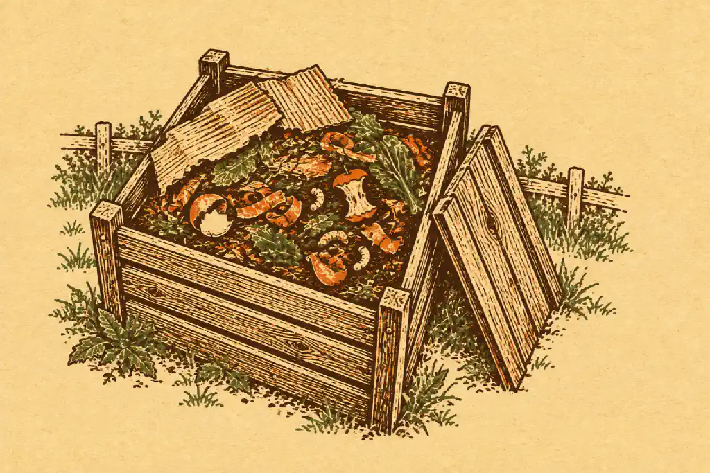Linocut print of an open wooden compost bin with peelings, a few pale larvae and torn cardboard on top.