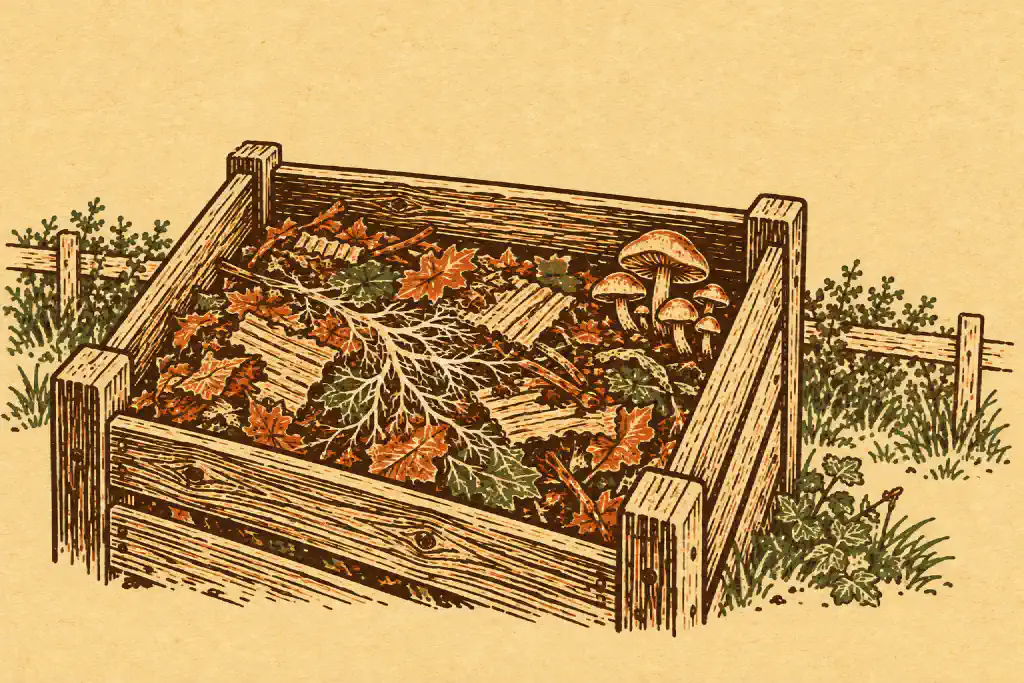 Linocut print of an open wooden compost bin with white fungal threads across the leaves and a cluster of mushrooms in one corner.