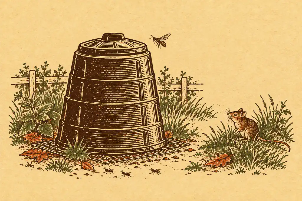 Linocut print of a lidded compost bin on wire mesh, with a mouse in the grass, a wasp in the air and ants on the ground.