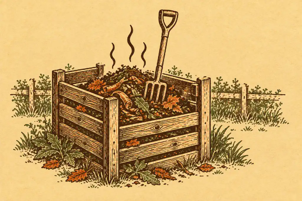 Linocut print of a wooden compost bin with a fork in the pile and wavy smell lines rising.