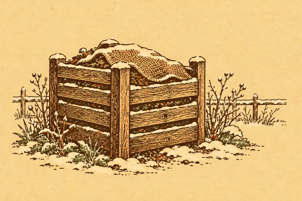 Linocut print of a wooden compost bin in light snow with burlap sacking over the pile.